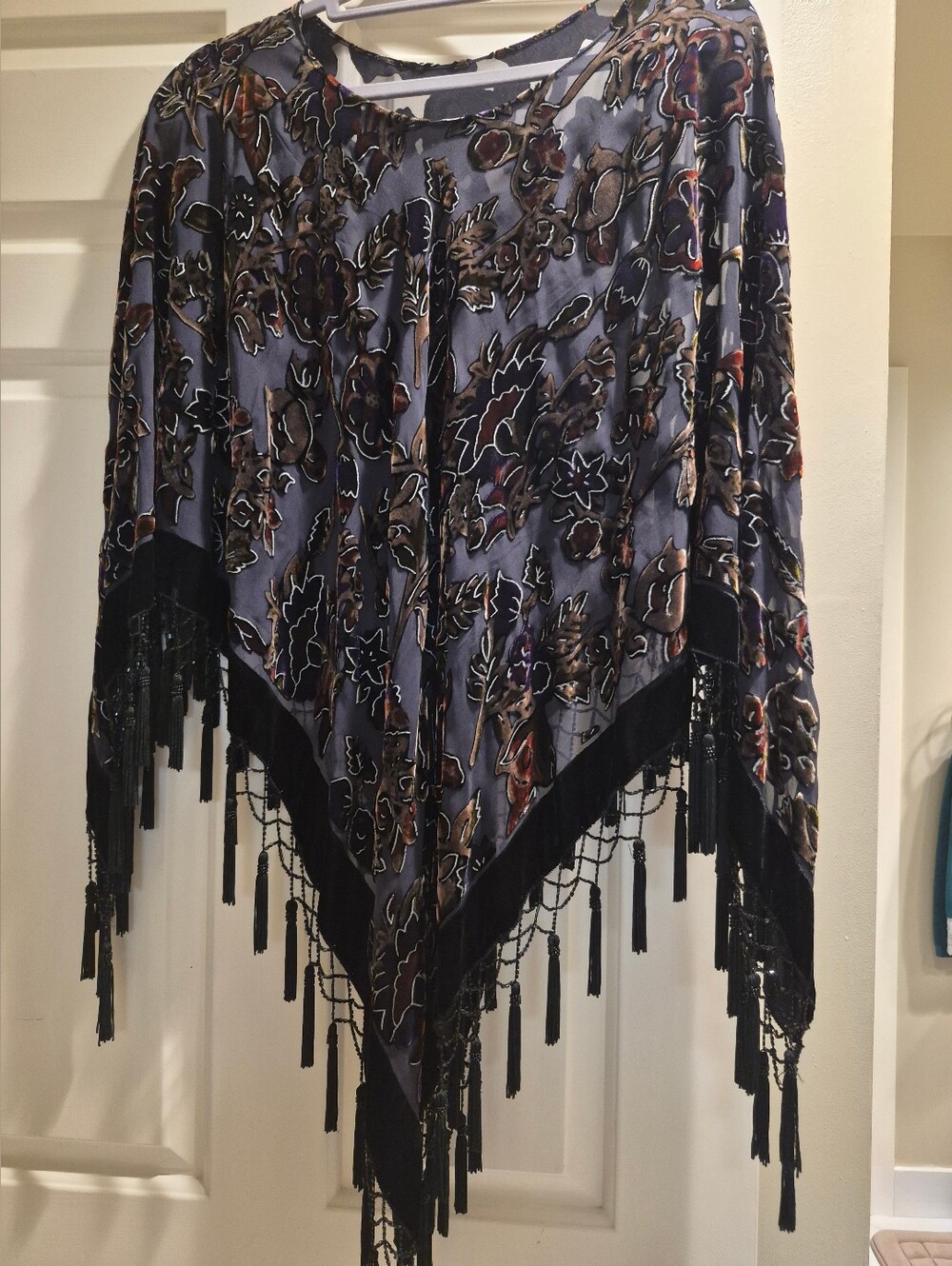 Chicos - Boho Velvet Floral Burnout Shawl with Fringe - Black, Tan, Rose,Silver